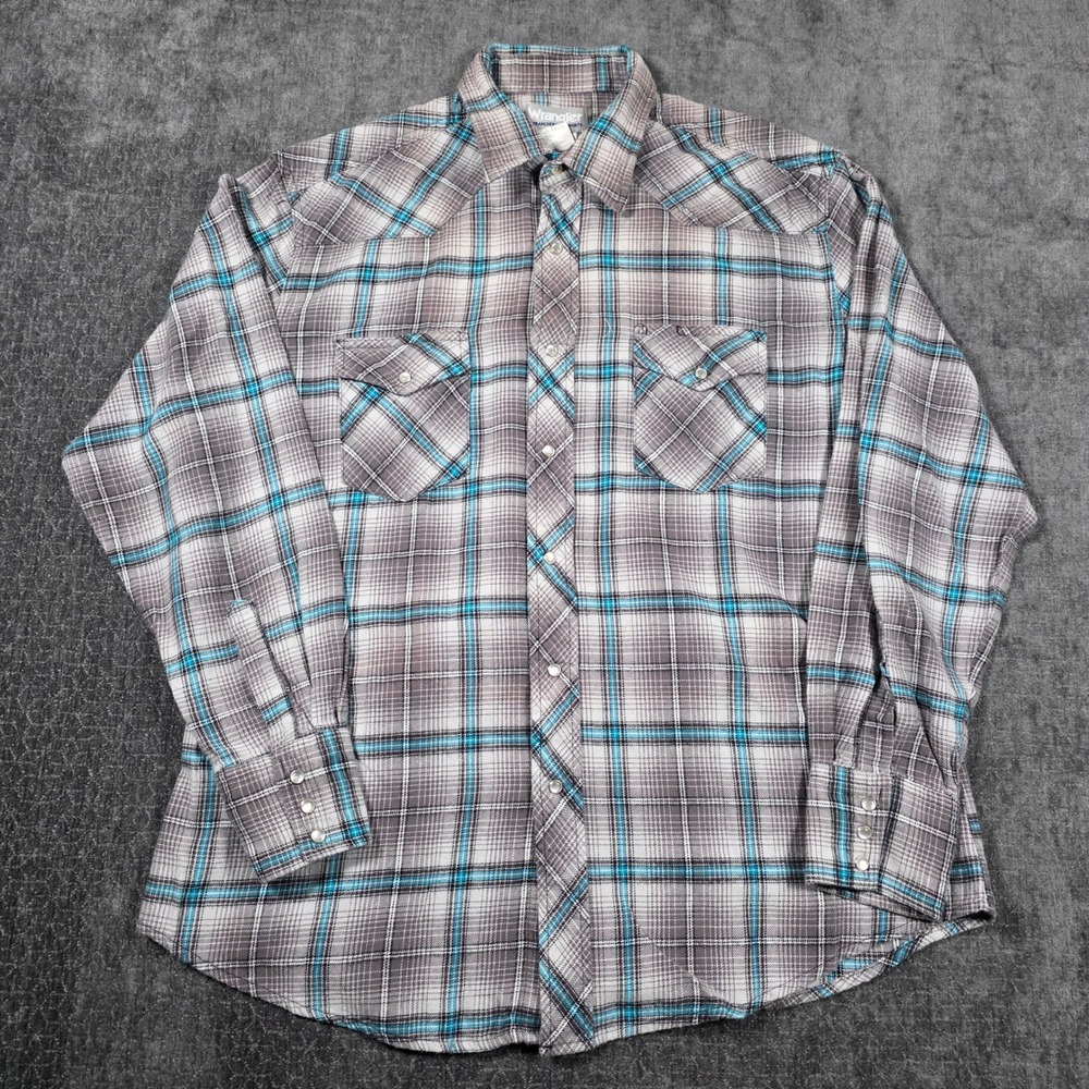 Wrangler Wrancher Mens XL Grey Blue Plaid Flannel Pearl Snap Western Shirt Rodeo